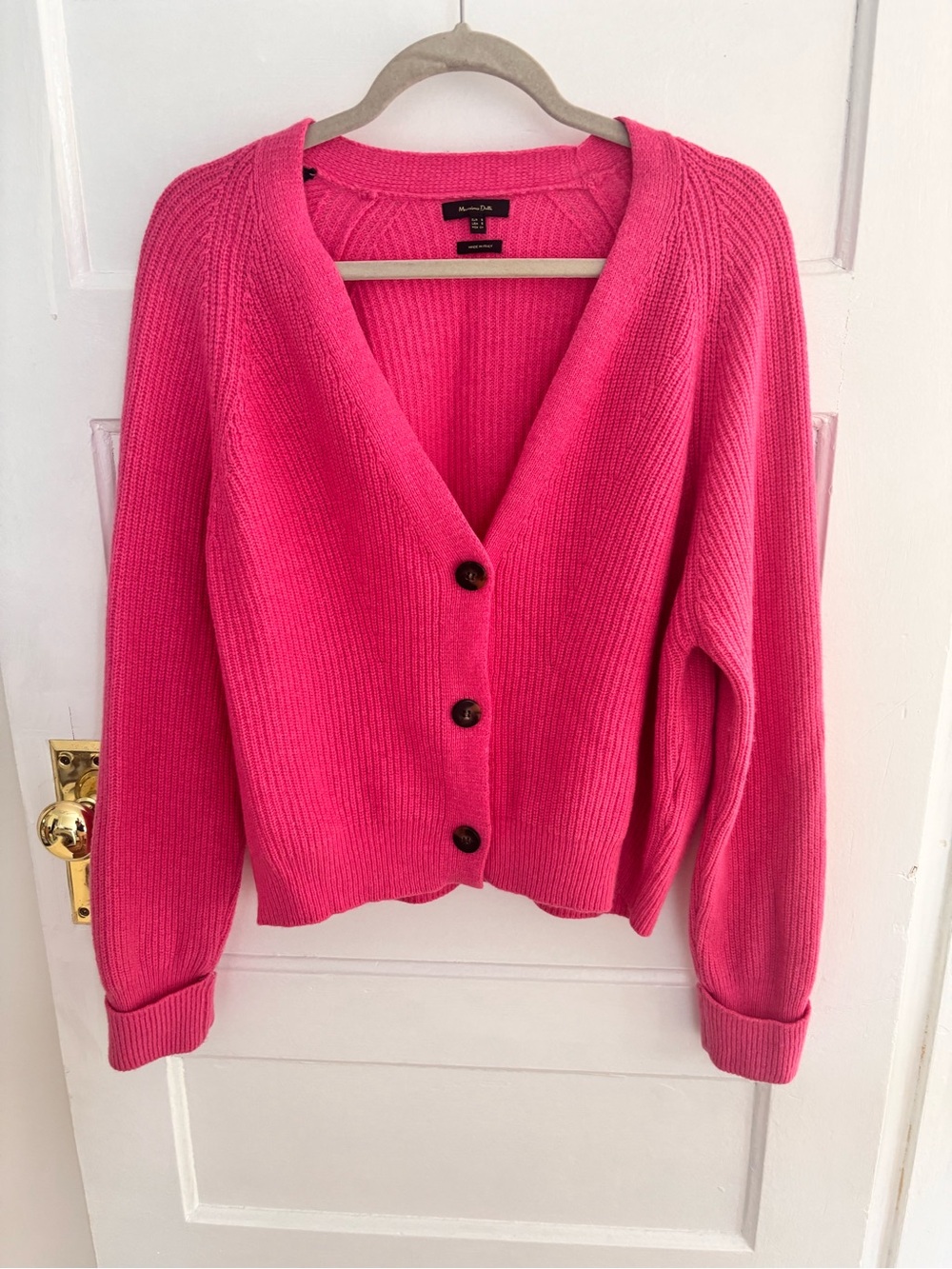 Massimo Dutti Hot Pink Ribbed V-Neck Button Cardigan